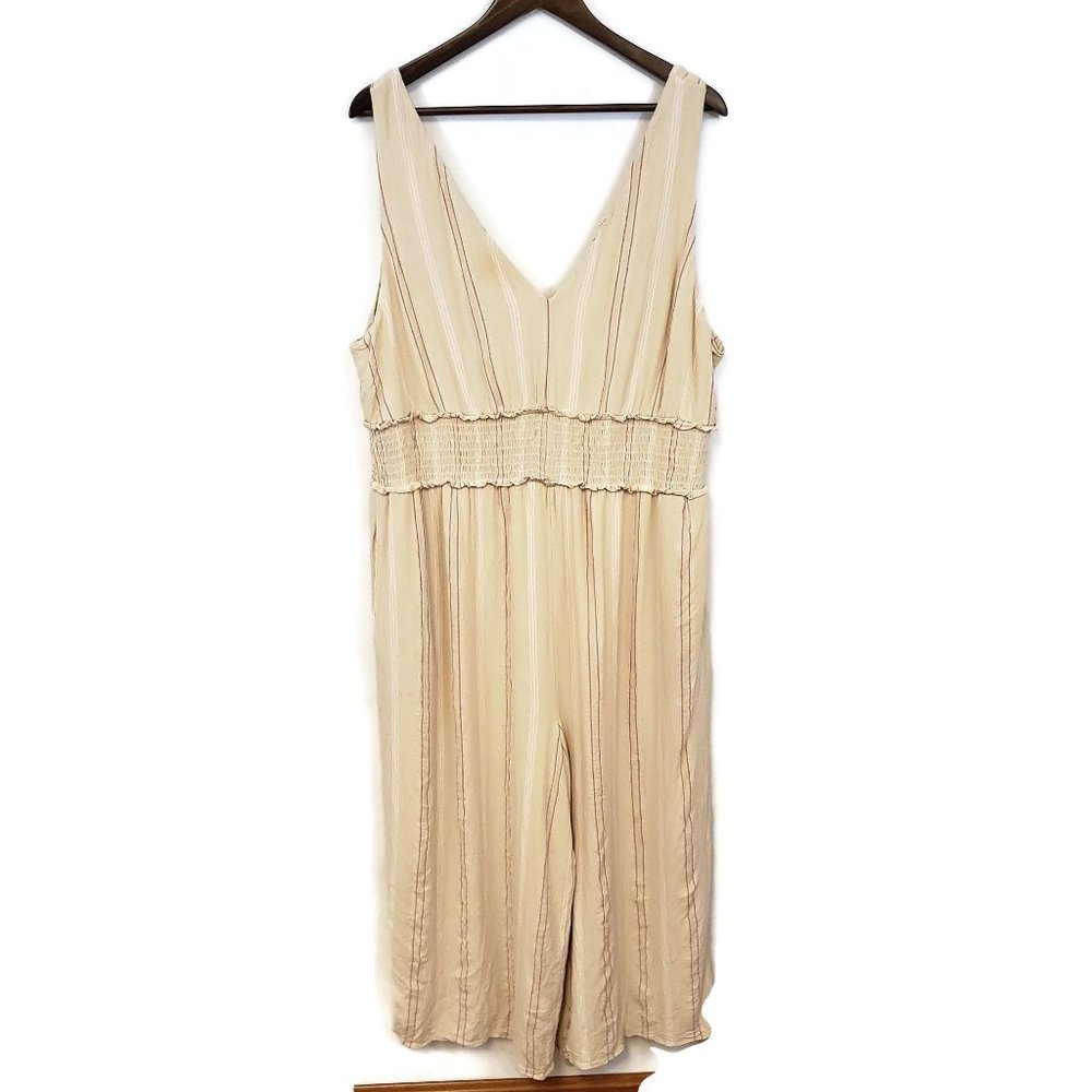 American Eagle Womens Beige Tan Striped Jumpsuit Size 2XL Sleeveless Smocked